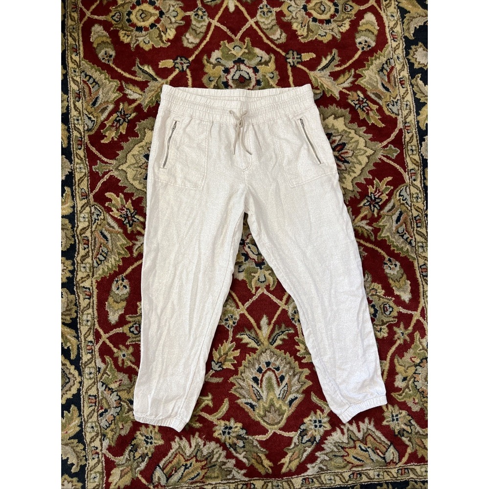 Athleta 16 XL White Cabo 100% Linen Leopard Print Joggers Pull On Pants Zip